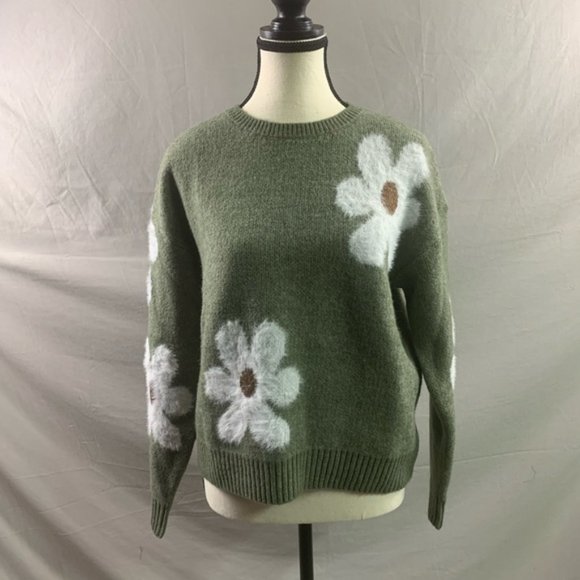 Green Fuzzy Floral Pattern Drop Shoulder Sweater - Picture 6 of 9